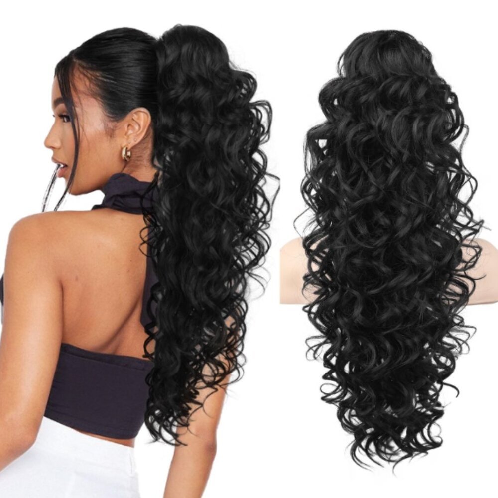 24" Curly Ponytail Claw Clip Extension Women's Black Hairpiece Layered Natural